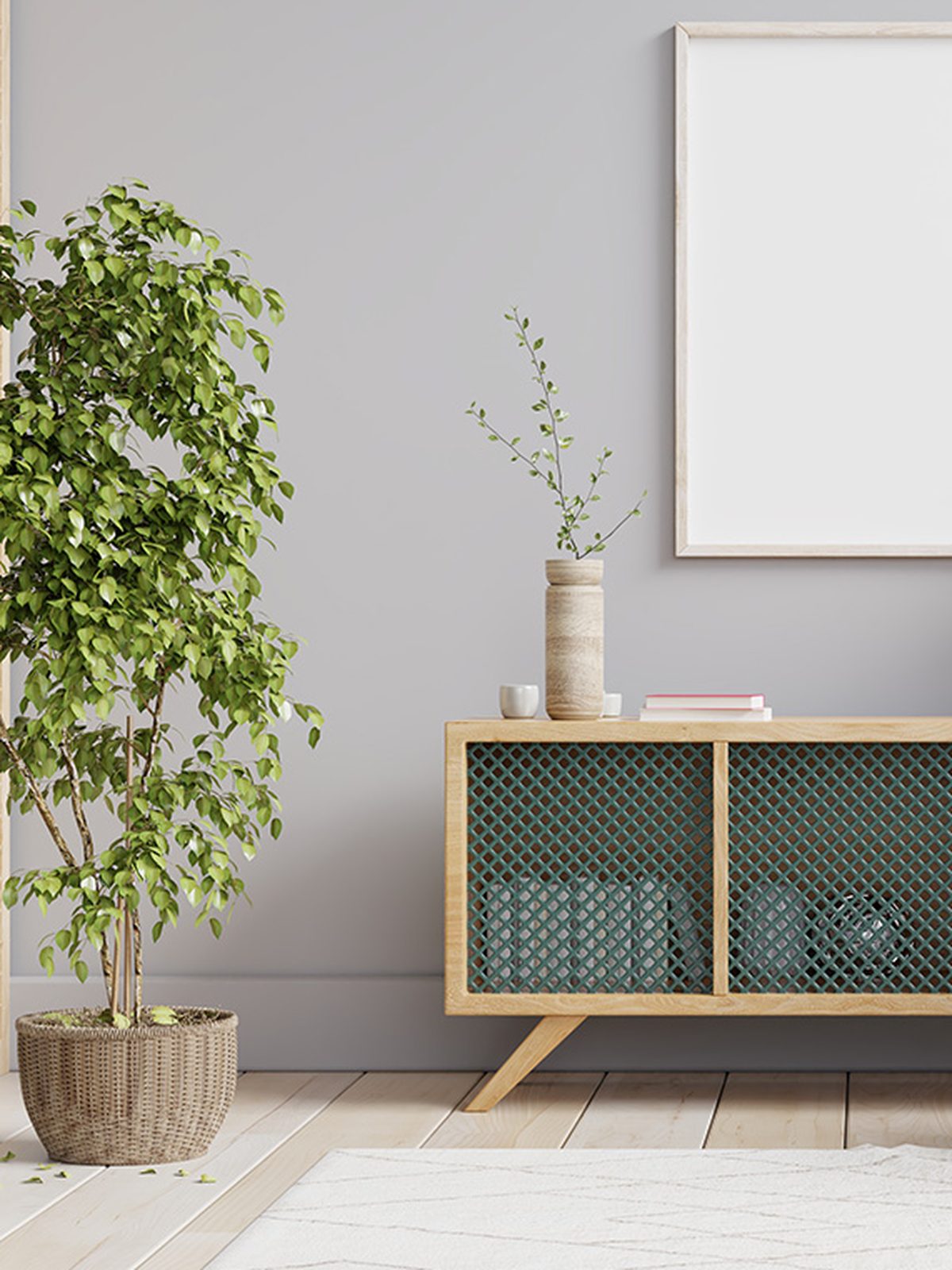 Credenza in legno naturale con ante in rete