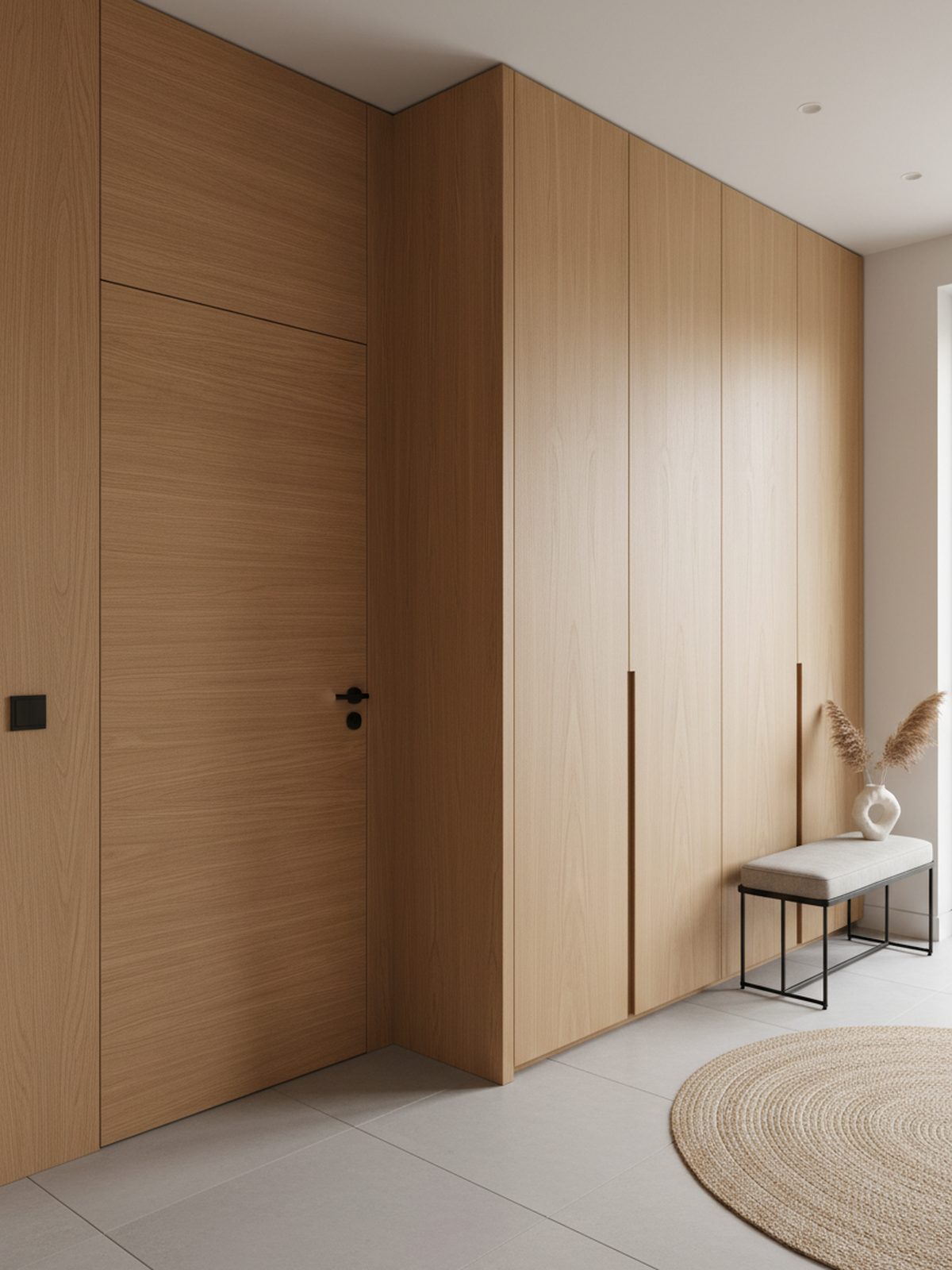 Ingresso con porta e armadio su misura coordinati in rovere